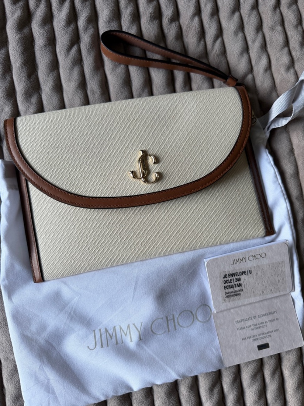 Jimmy Choo Ecru Canvas Wristlet with Tan Trim